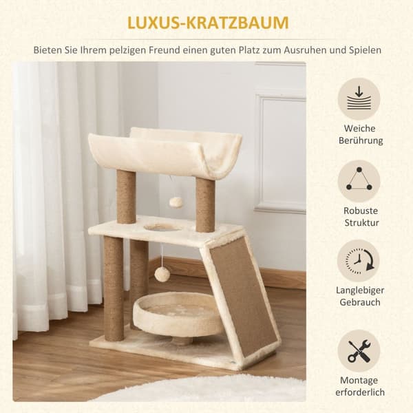 Cat Skrapestolpe Liten 76 Cm, Med Lekeball Og Sete, Innendørs Klatretårn Med Seng Og Skrapebrett, Lysebrun, Opptil 5 Kg