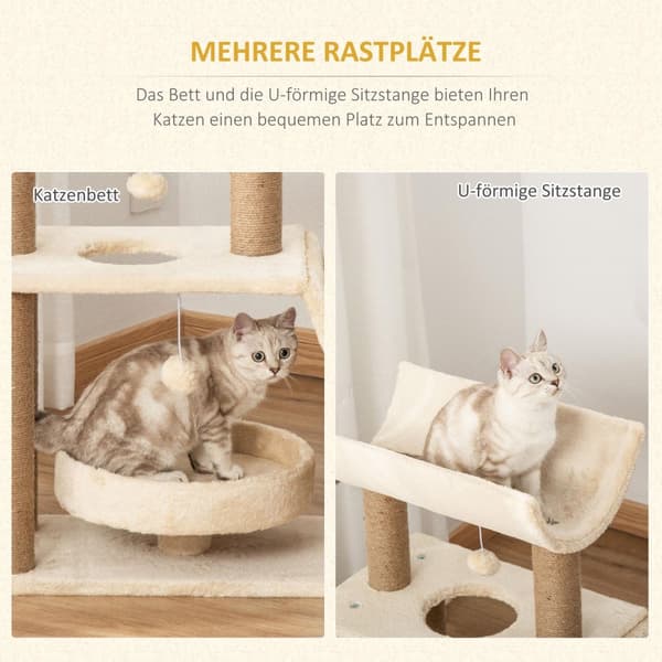 Cat Skrapestolpe Liten 76 Cm, Med Lekeball Og Sete, Innendørs Klatretårn Med Seng Og Skrapebrett, Lysebrun, Opptil 5 Kg