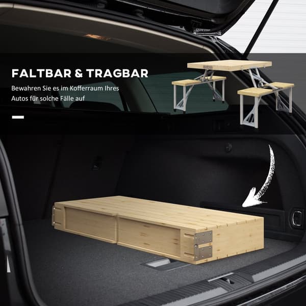 Sammenleggbart Piknikbord Hage Sittegruppe Med Benk Og Paraplyhull, Bærbar Sittegruppe, Gran, Naturlig