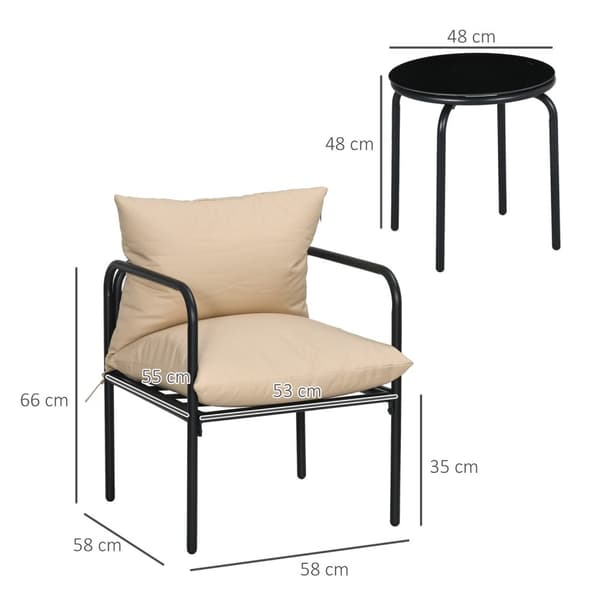 3 Stk. Hagemøbelsett, Bistrosett Med 2 Stoler, 1 Salongbord, Balkongmøbelsett Med Sitteputer, Hage Sittegruppe, Stål, Beige