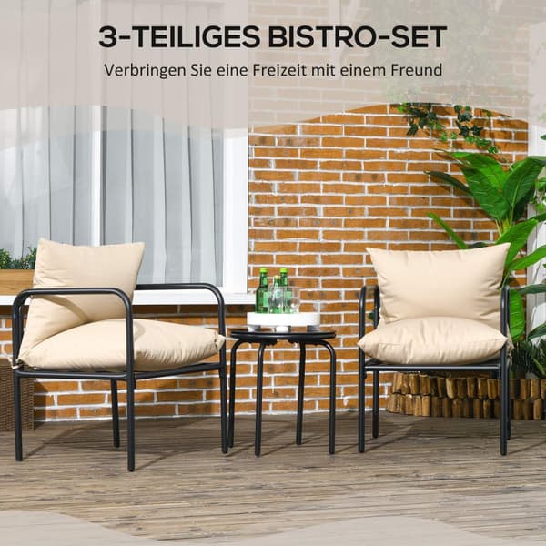 3 Stk. Hagemøbelsett, Bistrosett Med 2 Stoler, 1 Salongbord, Balkongmøbelsett Med Sitteputer, Hage Sittegruppe, Stål, Beige