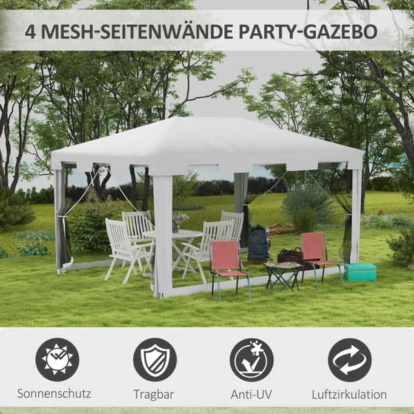 Paviljong Partytelt Ca 4 X 3 M Hage Paviljong Hagetelt Telt Med Netting Sidevegger For Balkong, Terrasse, Metall Pe Hvit.