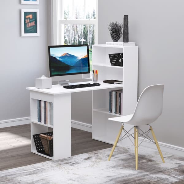 Desk Keittiöpöytä Hyllyllä, Tietokonepöytä, Työpöytä, Kannettavan Tietokoneen Pöytä, Toimistohylly, Valkoinen, 120X55X120Cm