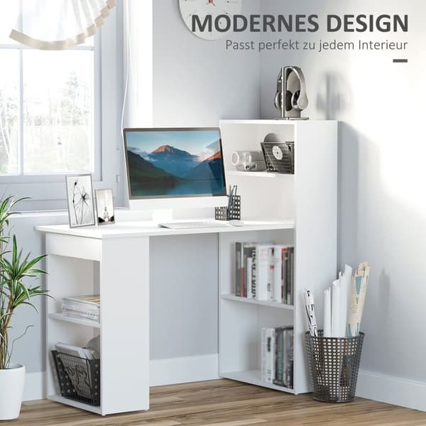 Desk Keittiöpöytä Hyllyllä, Tietokonepöytä, Työpöytä, Kannettavan Tietokoneen Pöytä, Toimistohylly, Valkoinen, 120X55X120Cm