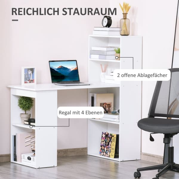 Desk Keittiöpöytä Hyllyllä, Tietokonepöytä, Työpöytä, Kannettavan Tietokoneen Pöytä, Toimistohylly, Valkoinen, 120X55X120Cm