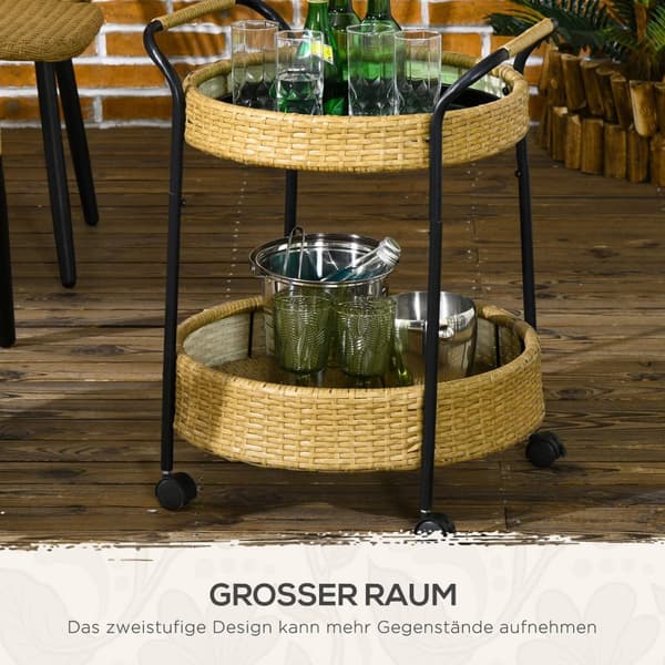 Tarjoiluvaunu Rottinkivaunu 2 Hyllyllä Puutarhavaunu Pyöreä Keittiövaunu Kahvoilla Outdoor Bar Vaunu Teräsrunko Natural Φ50 X 66 Cm