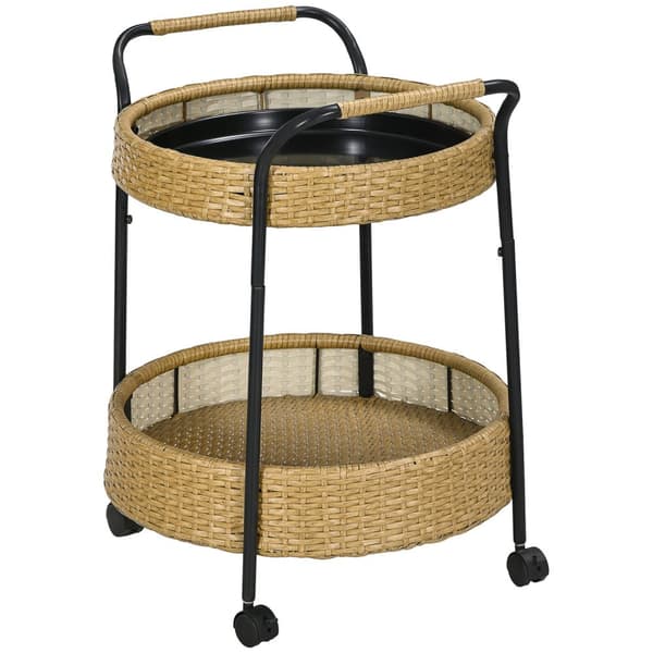 Tarjoiluvaunu Rottinkivaunu 2 Hyllyllä Puutarhavaunu Pyöreä Keittiövaunu Kahvoilla Outdoor Bar Vaunu Teräsrunko Natural Φ50 X 66 Cm