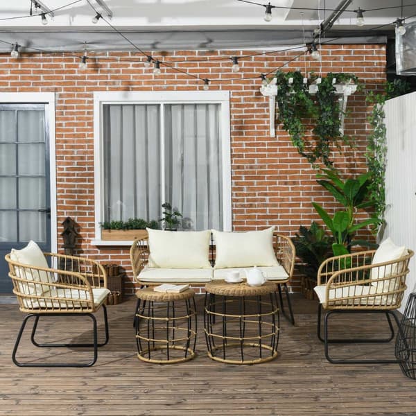 5-Delt Hagemøbelsett I Rotting, Sittegruppe Med Puter, Hagesett Med 2 Salongbord, 2 Lenestoler, 1 Dobbel Sofa, Sittegruppe, Stål, Beige