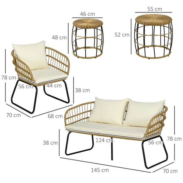 5-Delt Hagemøbelsett I Rotting, Sittegruppe Med Puter, Hagesett Med 2 Salongbord, 2 Lenestoler, 1 Dobbel Sofa, Sittegruppe, Stål, Beige