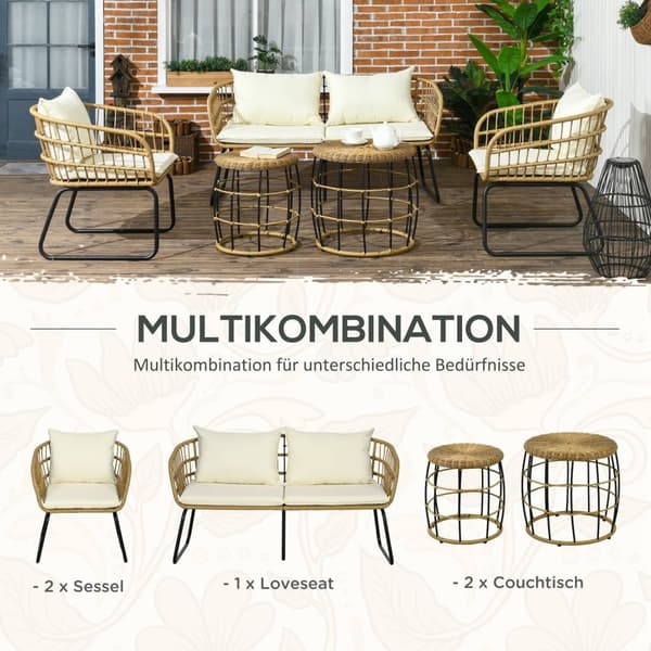 5-Delt Hagemøbelsett I Rotting, Sittegruppe Med Puter, Hagesett Med 2 Salongbord, 2 Lenestoler, 1 Dobbel Sofa, Sittegruppe, Stål, Beige