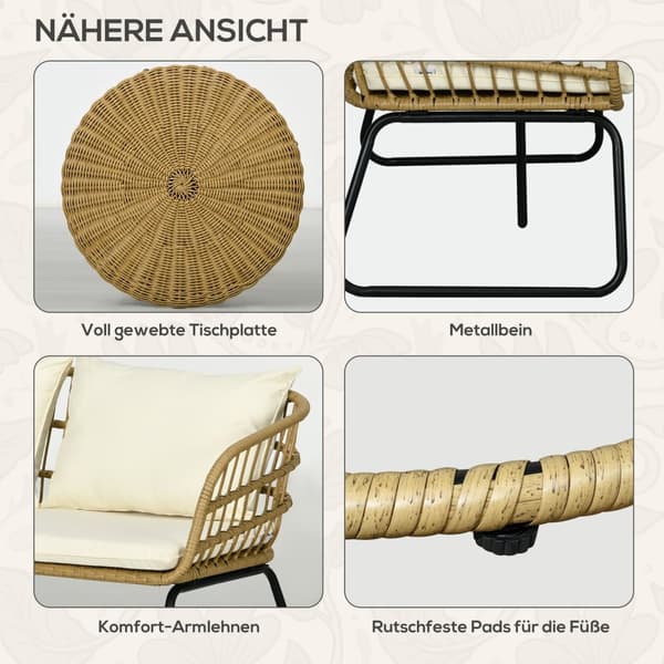 5-Delt Hagemøbelsett I Rotting, Sittegruppe Med Puter, Hagesett Med 2 Salongbord, 2 Lenestoler, 1 Dobbel Sofa, Sittegruppe, Stål, Beige