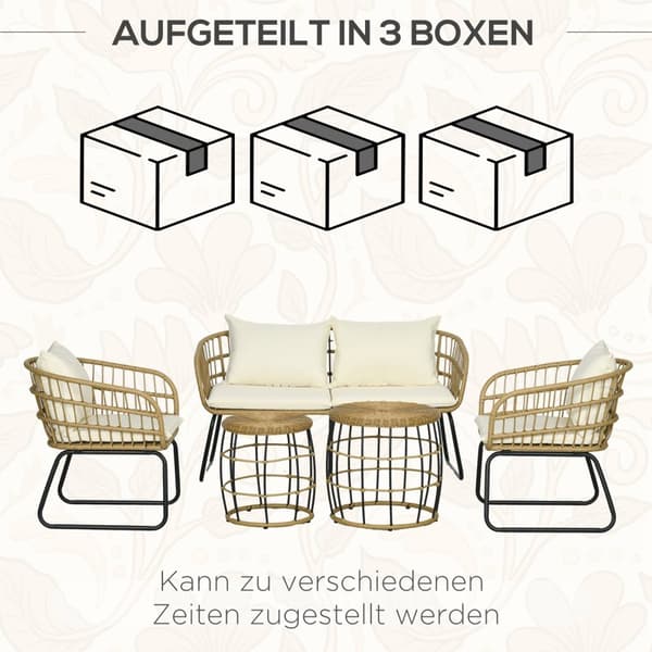 5-Delt Hagemøbelsett I Rotting, Sittegruppe Med Puter, Hagesett Med 2 Salongbord, 2 Lenestoler, 1 Dobbel Sofa, Sittegruppe, Stål, Beige