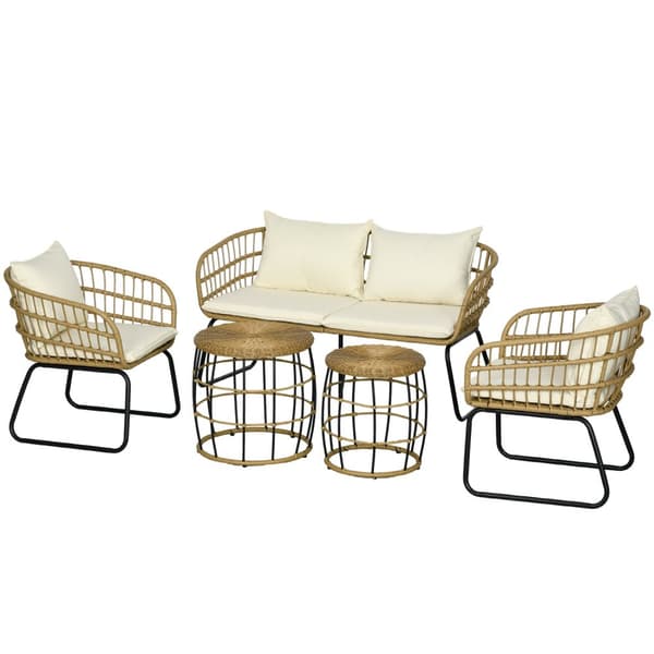 5-Delt Hagemøbelsett I Rotting, Sittegruppe Med Puter, Hagesett Med 2 Salongbord, 2 Lenestoler, 1 Dobbel Sofa, Sittegruppe, Stål, Beige