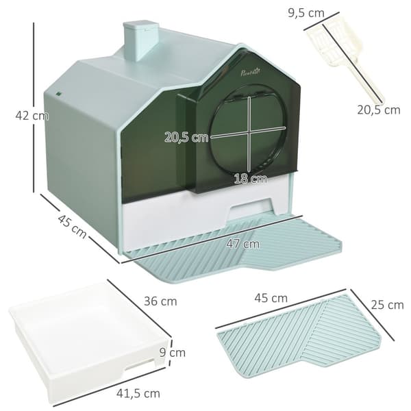 Kattebakke Med Bundbakke, Øse Og Filter, Toilet Med Hætte, Lyseblå, Til Katte Op Til 5 Kg, 47X45X42Cm