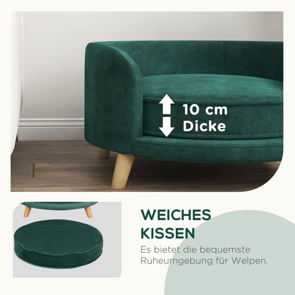 Hundesofa Velvet Look Pet Sofa Med Pude, Hævet Design Og Træben, Grøn