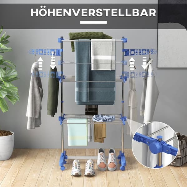 Tørretumbler Tårnhjul 3 Niveauer Sammenfoldelige Sidevinger Stålblå