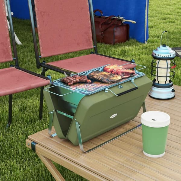 Bordgrill, Kullgrill Med Kullbrett, Grillstativ, Håndtak, Piknik, Hage, Rustfritt Stål, Grønn