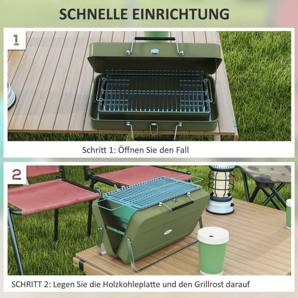Bordgrill, Kullgrill Med Kullbrett, Grillstativ, Håndtak, Piknik, Hage, Rustfritt Stål, Grønn