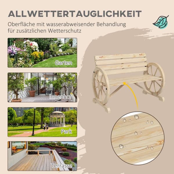 Hagebenk 2-Seters Trebenk Parkbenk I Vognhjuldesign, Benk Med Armlen I Landlig Stil, Kan Holde Opptil 240 Kg, Naturlig Grantre