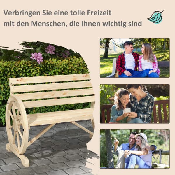Hagebenk 2-Seters Trebenk Parkbenk I Vognhjuldesign, Benk Med Armlen I Landlig Stil, Kan Holde Opptil 240 Kg, Naturlig Grantre