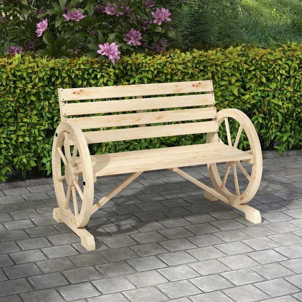 Hagebenk 2-Seters Trebenk Parkbenk I Vognhjuldesign, Benk Med Armlen I Landlig Stil, Kan Holde Opptil 240 Kg, Naturlig Grantre