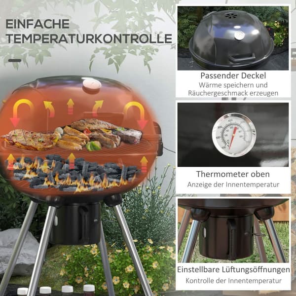 Kullgrill, Bbq Campinggrill Med Grillrist, Hjul, Hylle, Askefanger, Integrert Termometer, Metall