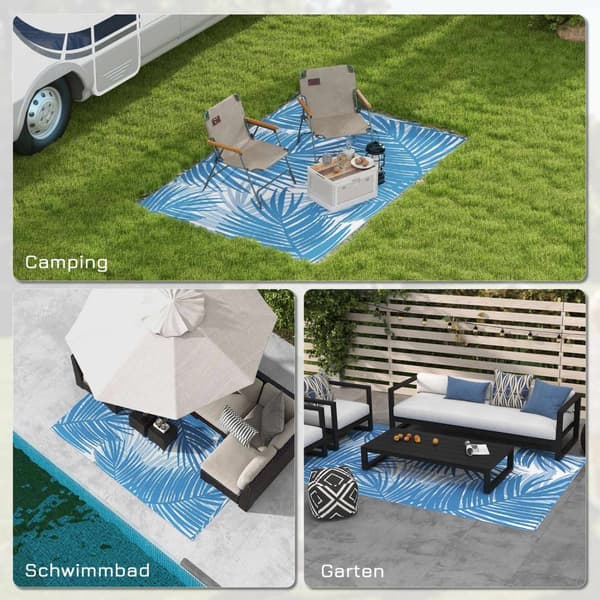 Outdoor Rug Vendbart Teppe Med Bæreveske, 182X274Cm, Blått, Plast, Hageteppe, Balkongteppe For Camping, Uteplass