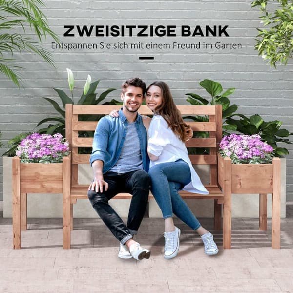 Hagebenk, 2-Seters Benk, Trebenk, Balkongbenk Med Blomsterkasse, For Hage, Terrasse, Lastekapasitet Opptil 240 Kg