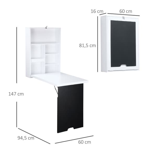 Seinäpöytä Taitettava Työpöytä 5 Lokeroa Lauta Valkoinen + Musta 60X94.5X147Cm