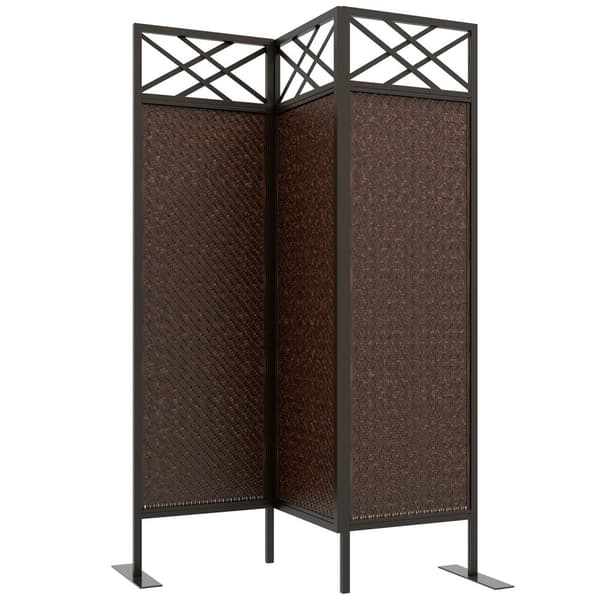 Paravant 148X181Cm Haverumsdeler Med Rattan-Look, Anti-Uv-Deler & Pløkker, Stål, Mørkebrun
