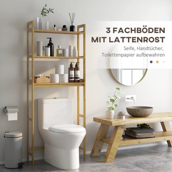 Toaletthylle 3-Lags Bad Stående Hylle Med Anti-Tip Oppbevaringshylle Bamboo Natural