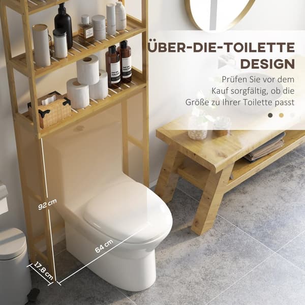 Toaletthylle 3-Lags Bad Stående Hylle Med Anti-Tip Oppbevaringshylle Bamboo Natural