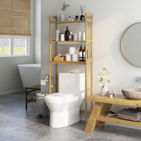 Toaletthylle 3-Lags Bad Stående Hylle Med Anti-Tip Oppbevaringshylle Bamboo Natural