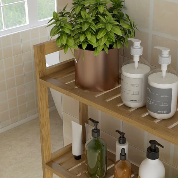 Toaletthylle 3-Lags Bad Stående Hylle Med Anti-Tip Oppbevaringshylle Bamboo Natural