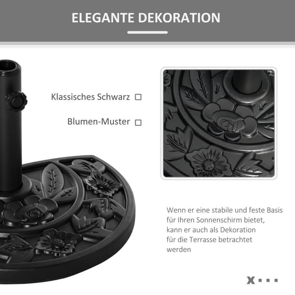 Parasollstativ 9 Kg Hageparaplybase Med Blomsterdesign For Ø35/38/48 Mm Paraplystenger, Hdpe, Halvrunde Paraplyer, Svart