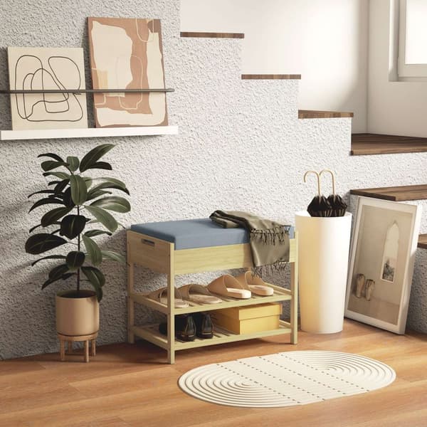 Skobenk 2-Lags Benk Med Skuff, Skostativ For 4 Par Sko, Bambus, Natur, 55X35X46Cm
