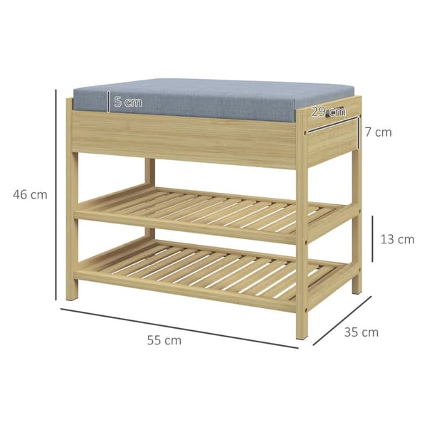 Skobenk 2-Lags Benk Med Skuff, Skostativ For 4 Par Sko, Bambus, Natur, 55X35X46Cm