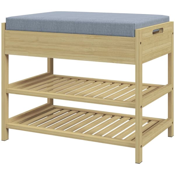 Skobenk 2-Lags Benk Med Skuff, Skostativ For 4 Par Sko, Bambus, Natur, 55X35X46Cm