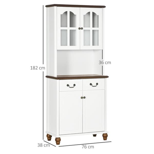 Kjøkkenskap, Kjøkkenbuffet Med 2 Skuffer, Høyskap Med Åpent Rom, Vitrineskap Med Soft-Close-Funksjon 76 X 38 X 182 Cm, Hvit