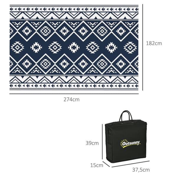 Udendørs Tæppe Vendbart Plastik Tæppe Med Bæretaske, Vandafvisende, Til Camping, Mørkeblå + Hvid, 182X274Cm
