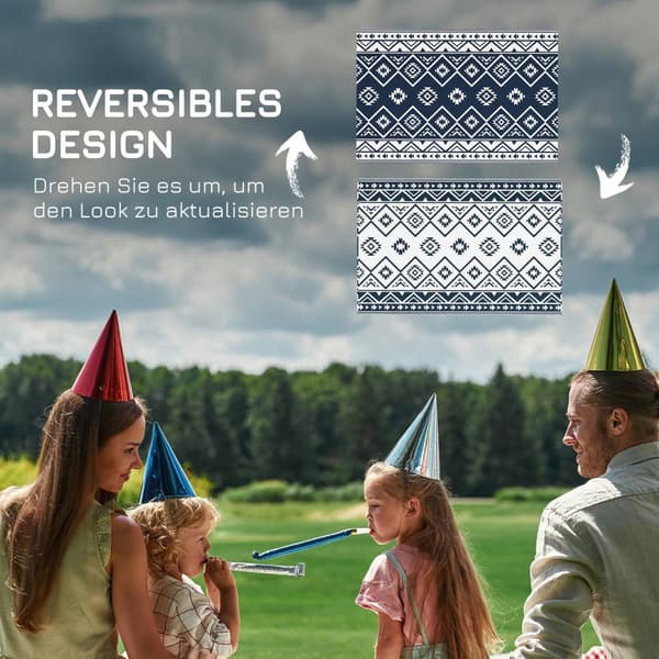 Udendørs Tæppe Vendbart Plastik Tæppe Med Bæretaske, Vandafvisende, Til Camping, Mørkeblå + Hvid, 182X274Cm