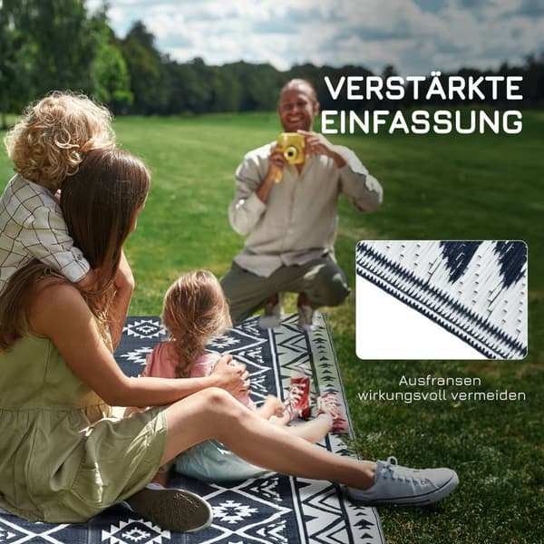 Udendørs Tæppe Vendbart Plastik Tæppe Med Bæretaske, Vandafvisende, Til Camping, Mørkeblå + Hvid, 182X274Cm