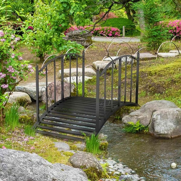 Garden Bridge Stål 1,19 M Dambro Med Rekkverk Dekorativ Bro Med Blomstermønster Dekorativ Bro Opptil 120 Kg For Balkong, Terrasse, Svart