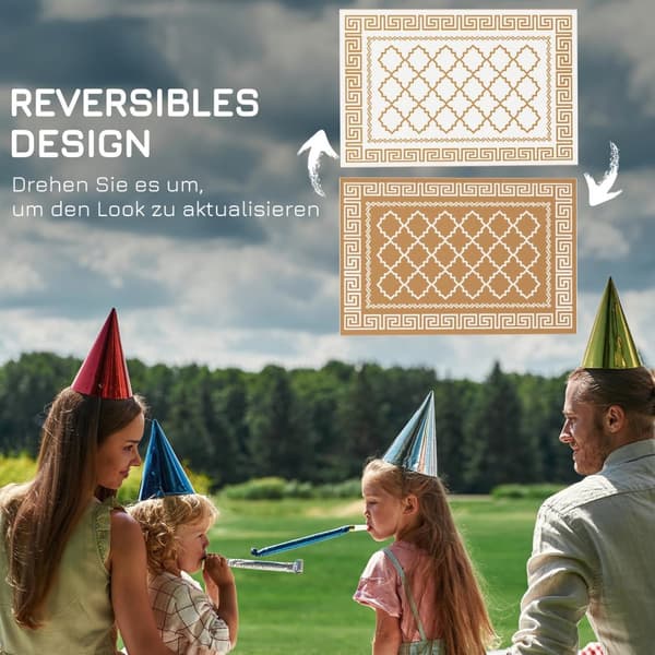 Udendørs Tæppe Vejrbestandigt Plasttæppe Vendbart Tæppe Med Bæretaske 182 X 274 Cm Brun + Cremehvid Til Havecamping
