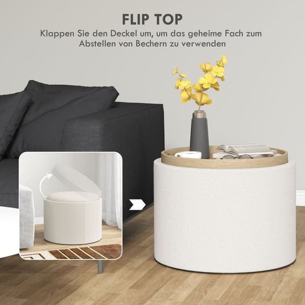 Ottomansk Rund Krakk Med Oppbevaringsplass, Sammenleggbart Lokk, I Linlook For Stue, Soverom, Krem, Ø56 X 42 Cm