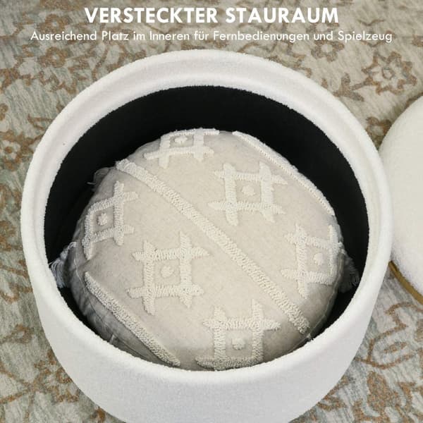 Ottomansk Krakk Med Oppbevaringsplass, Rund Ottoman Med Sammenleggbart Lokk, Treben, Moderne, Til Stue, Soverom, Hvit, Ø56 X 42 Cm
