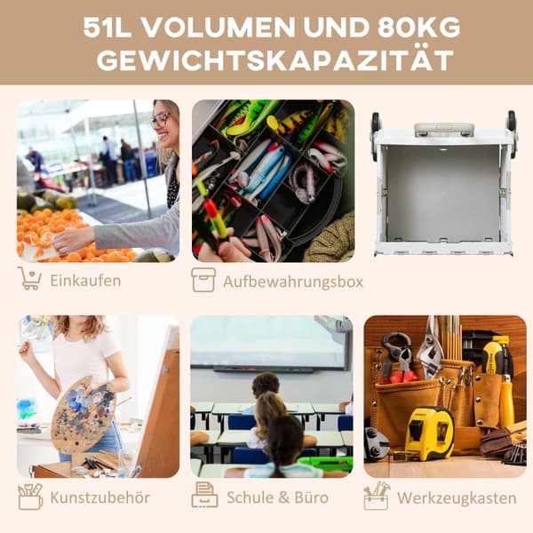 Kokoontaittuva Ostoskärry, Säädettävä Teleskooppikahva, Portaiden Kiipeilijä Kannella, Jopa 80 Kg, Valkoinen