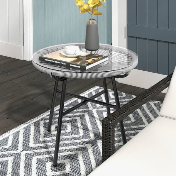 Rattan Sidebord, Bistrobord, Salongbord Med Glassbordplate, Rundt, Til Terrasse, Balkong, Svart + Grå, 50X50X50Cm
