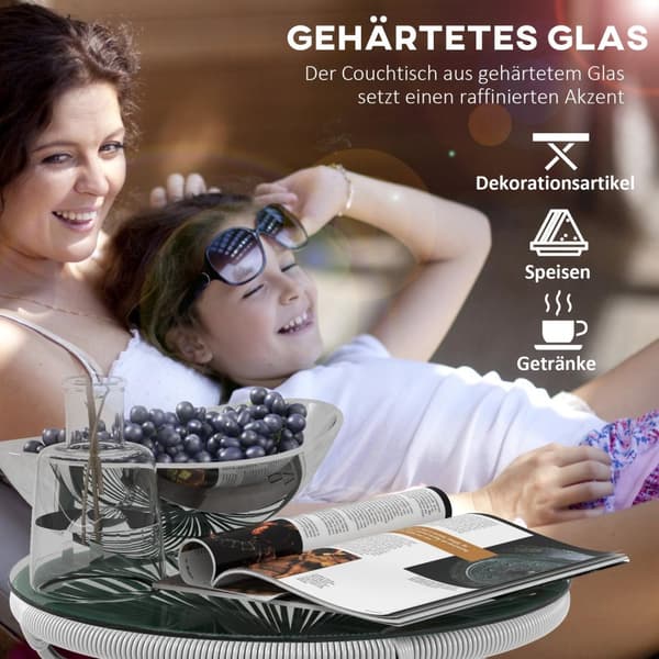 Rattan Sidebord, Bistrobord, Salongbord Med Glassbordplate, Rundt, Til Terrasse, Balkong, Svart + Grå, 50X50X50Cm