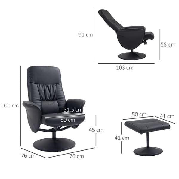 Avslapningsstol Med Krakk, Tv-Stol, Tv-Stol Med Liggefunksjon, Svingbar Polstret Stol For Stue, Soverom, Kunstskinn, Svart